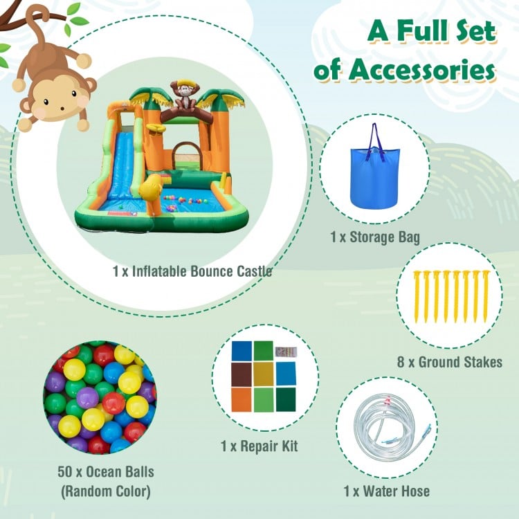 Monkey-themed inflatable bounce house with slide, includes 50 ocean balls, water hose, repair kit, and storage bag for.