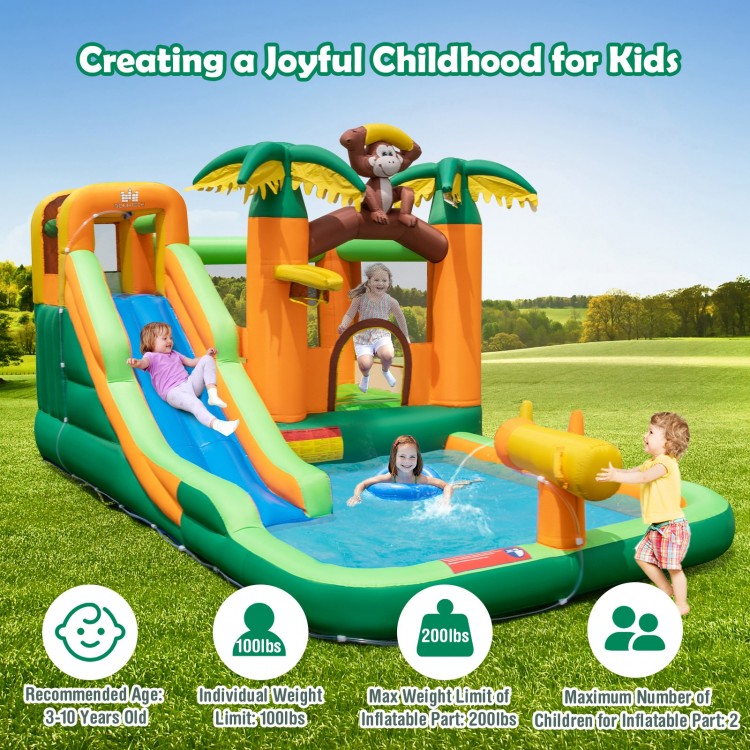 Monkey-themed inflatable bounce house with slide, water park features, and protective mesh for kids' safe play.