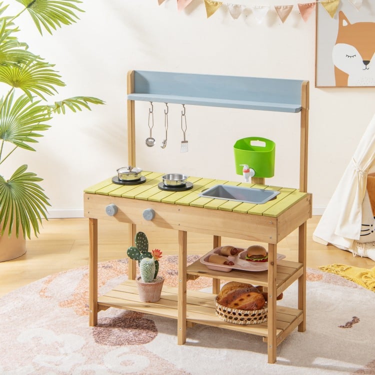 Backyard pretend play toy kitchen with stove top, solid pine wood, multiple shelves, ideal for outdoor playtime.