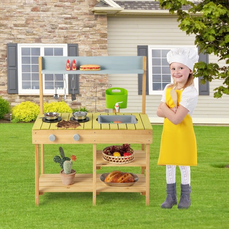 Backyard pretend play toy kitchen with stove top, solid pine wood, multiple shelves, ideal for outdoor play.