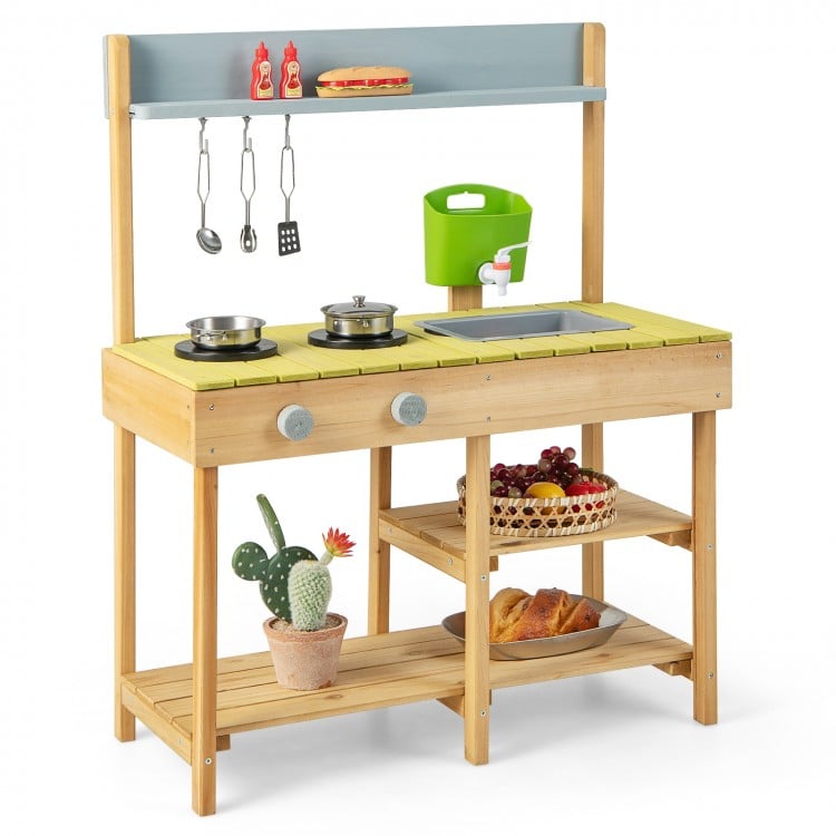 Backyard pretend play toy kitchen with stove top, solid pine wood, multiple shelves, and realistic cooking features.