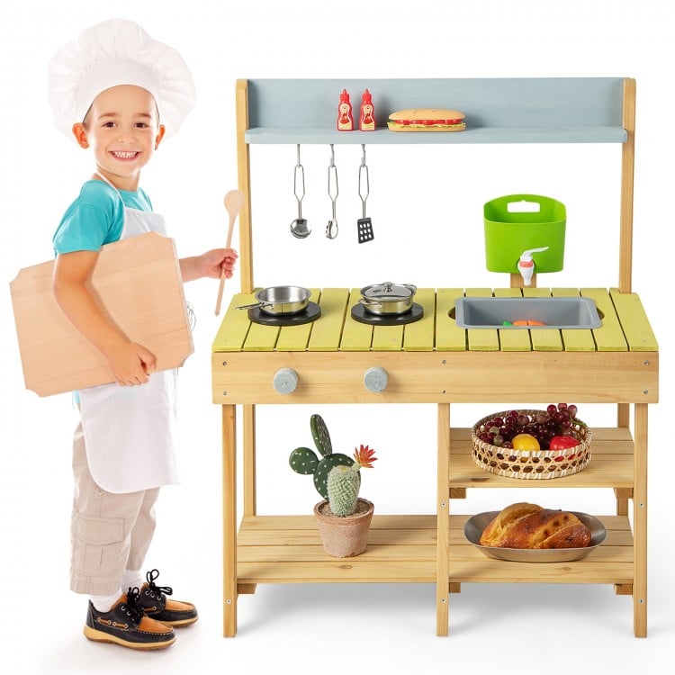 Backyard pretend play toy kitchen with stove top, solid pine wood, multiple shelves, ideal for outdoor imaginative play.