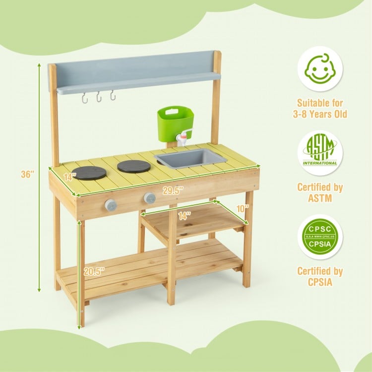 Backyard pretend play toy kitchen with stove top, solid pine wood, multiple shelves, suitable for kids aged 3-8 years.