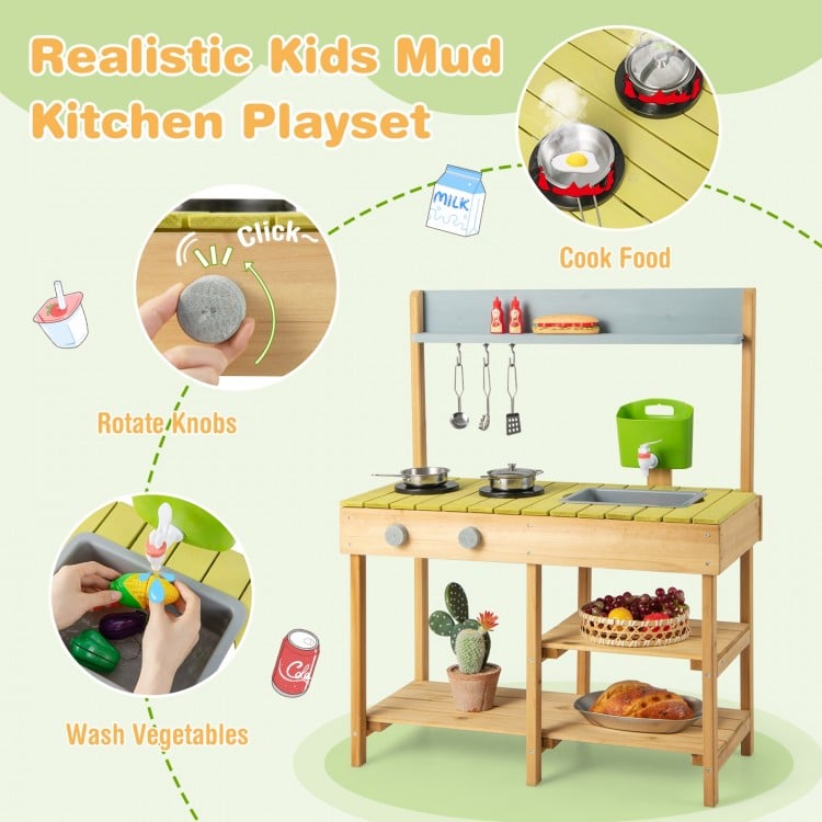 Kids mud kitchen playset made of solid pine wood with stove, shelves, and realistic cooking knobs for outdoor fun.