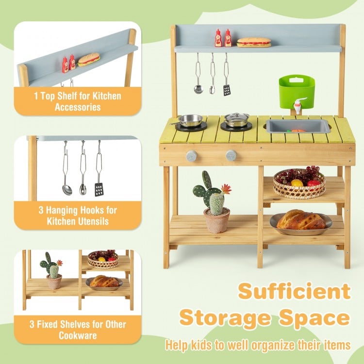 Backyard pretend play toy kitchen with stove top, solid pine wood, multiple shelves, and hooks for outdoor fun.