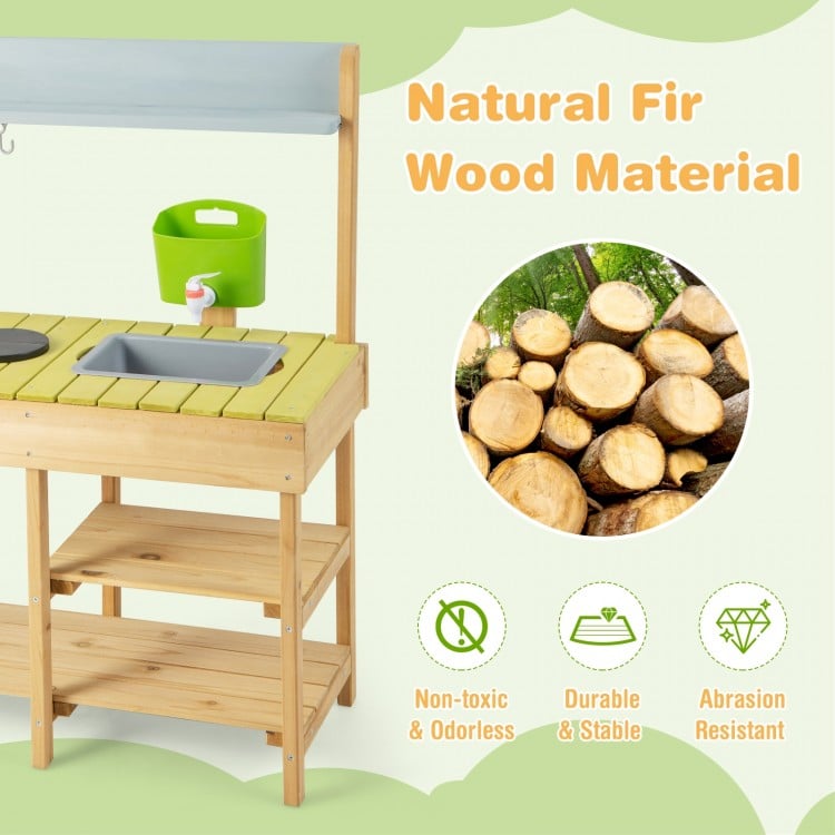 Backyard pretend play toy kitchen made of natural fir wood with stove top, featuring multiple shelves for storage.