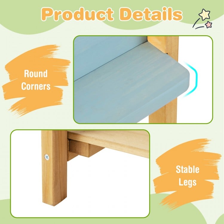 Detail of the Backyard Pretend Play Toy Kitchen showing round corners and stable legs for safe outdoor play.