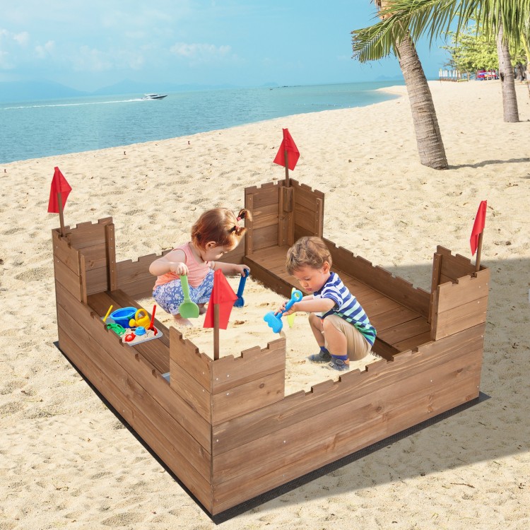 Kids wooden sandbox with red flags, spacious design for 2 children, includes ground liner and storage boxes for sand.
