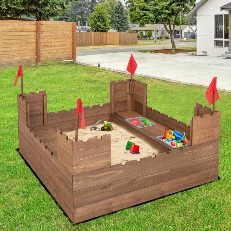 Kids wooden sandbox with red flags, solid cedar wood, removable storage boxes, perfect for outdoor play for 2 kids.