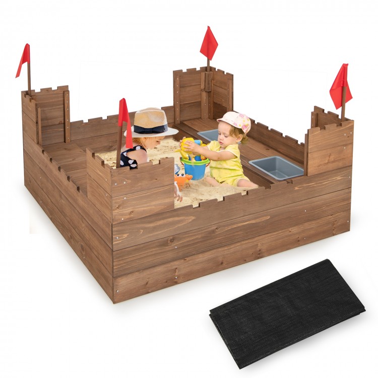 Kids wooden sandbox with red flags, solid cedar wood, includes bottom liner, accommodates 2 kids for outdoor play.