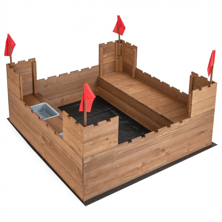 Kids wooden sandbox showcasing a unique city wall theme with red flags, spacious area for up to 2 kids to enjoy.