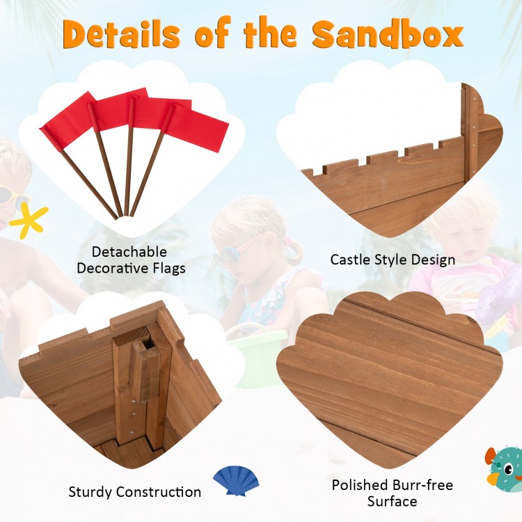 Kids wooden sandbox featuring a castle design, red flags, sturdy cedar construction, and a smooth burr-free surface.
