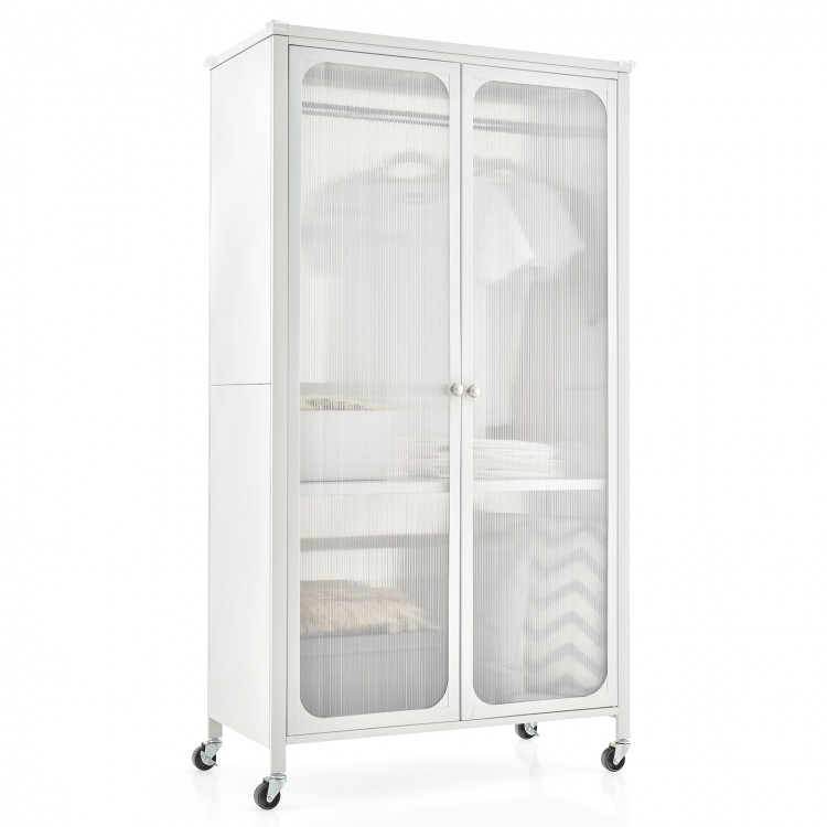 Rolling storage armoire closet in white with adjustable shelf and hanging rod, ideal for children's clothes and easy.