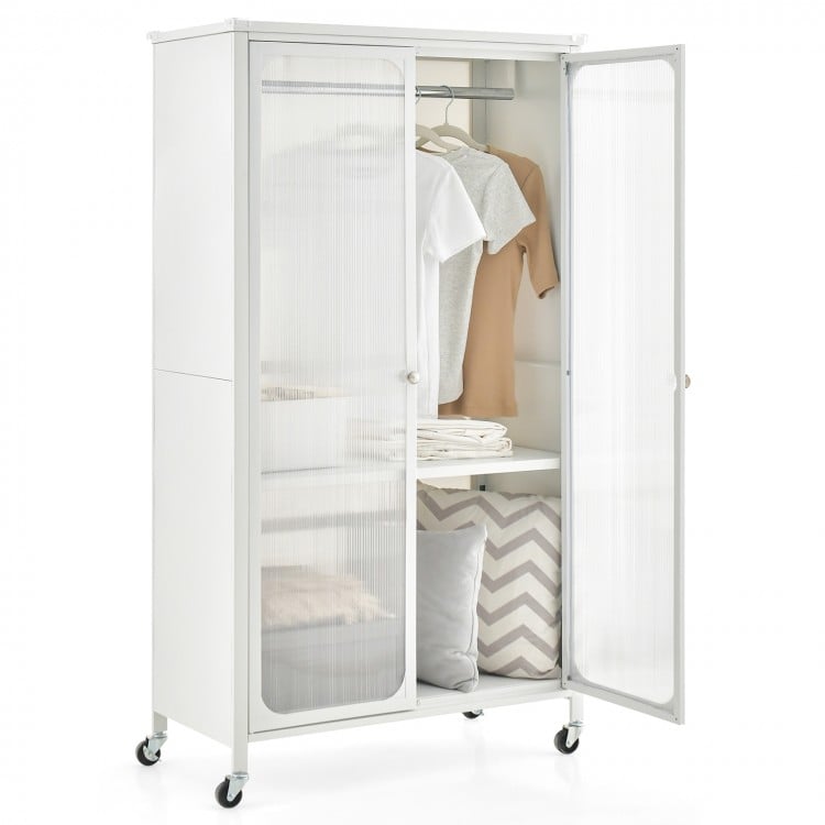Rolling storage armoire closet in white with hanging rod, adjustable shelf, and wheels for easy movement in bedrooms.