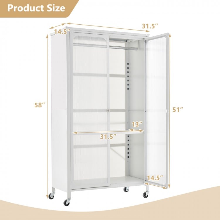 Rolling storage armoire closet in white with adjustable shelf, sturdy metal bar, and 4 casters for easy movement.
