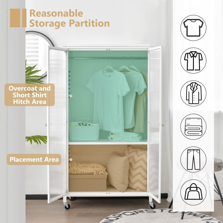 Rolling storage armoire closet in white with hanging rod, adjustable shelf, and organized garment storage for.