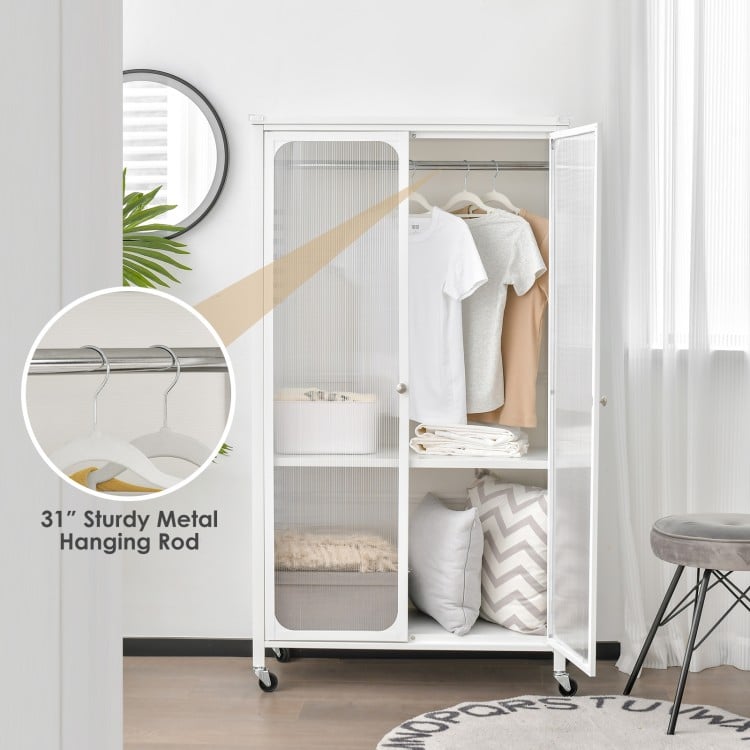 Rolling storage armoire closet in white with a sturdy metal hanging rod and adjustable shelf, ideal for children's.