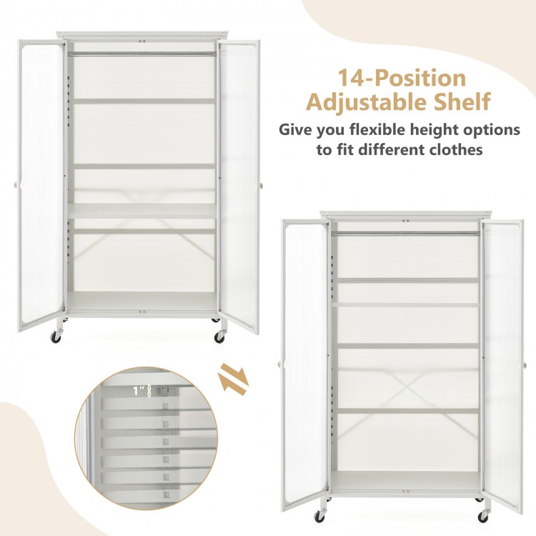 Rolling storage armoire closet in white with 14-position adjustable shelf and sturdy hanging rod for versatile clothing.