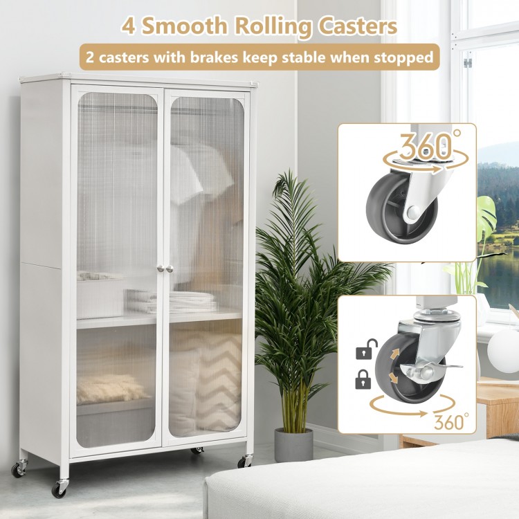 Rolling storage armoire closet in white with adjustable shelf and 4 smooth rolling casters for easy movement in.