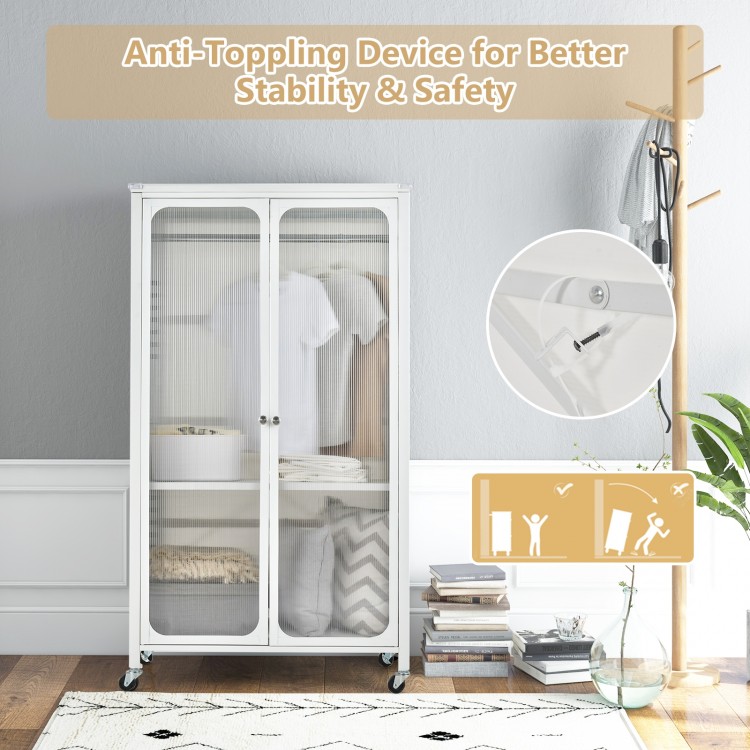 Rolling storage armoire closet in white with adjustable shelf, hanging rod, and anti-toppling device for safety.