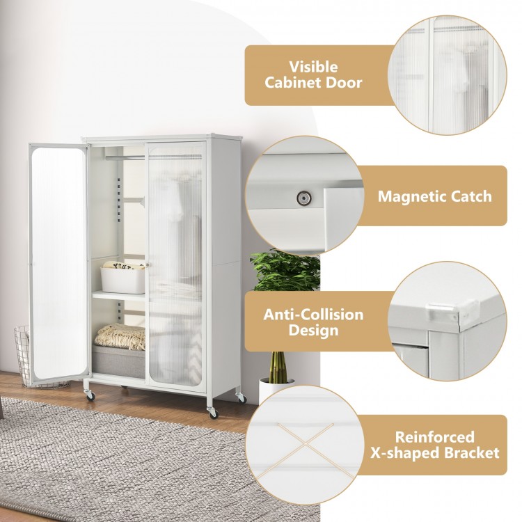 Rolling storage armoire closet in white with adjustable shelf, hanging rod, and magnetic catch for children's clothes.