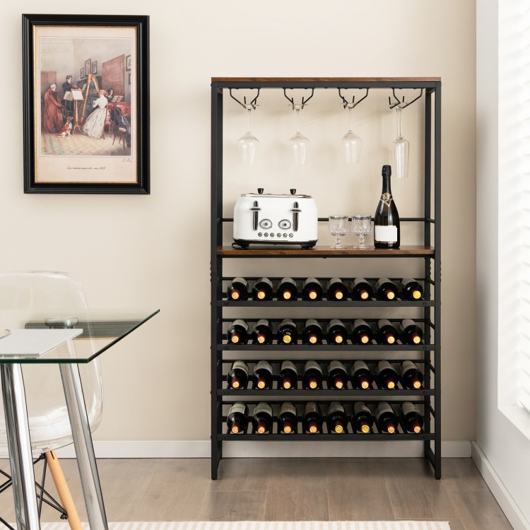 Freestanding wine bakers rack with 4-tier wine storage and stemware racks, ideal for home bar or kitchen use.