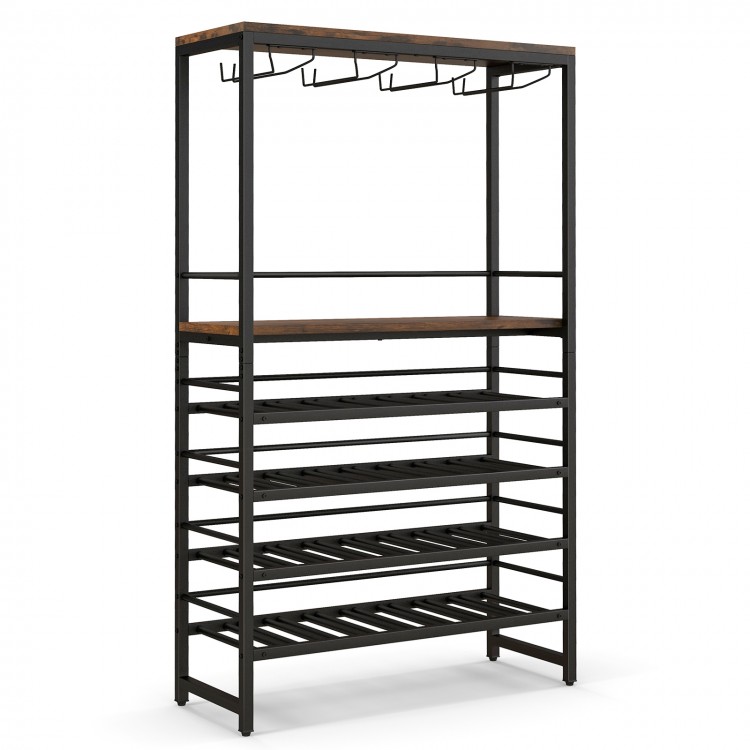 Freestanding wine bakers rack with 4-tier wine storage, stemware racks, and sturdy metal frame for kitchen or dining.