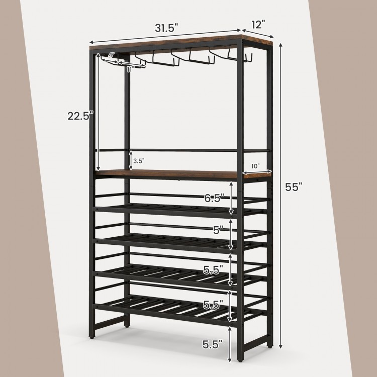 Freestanding wine bakers rack with 4-tier wine storage and stemware racks, ideal for home bar or kitchen organization.