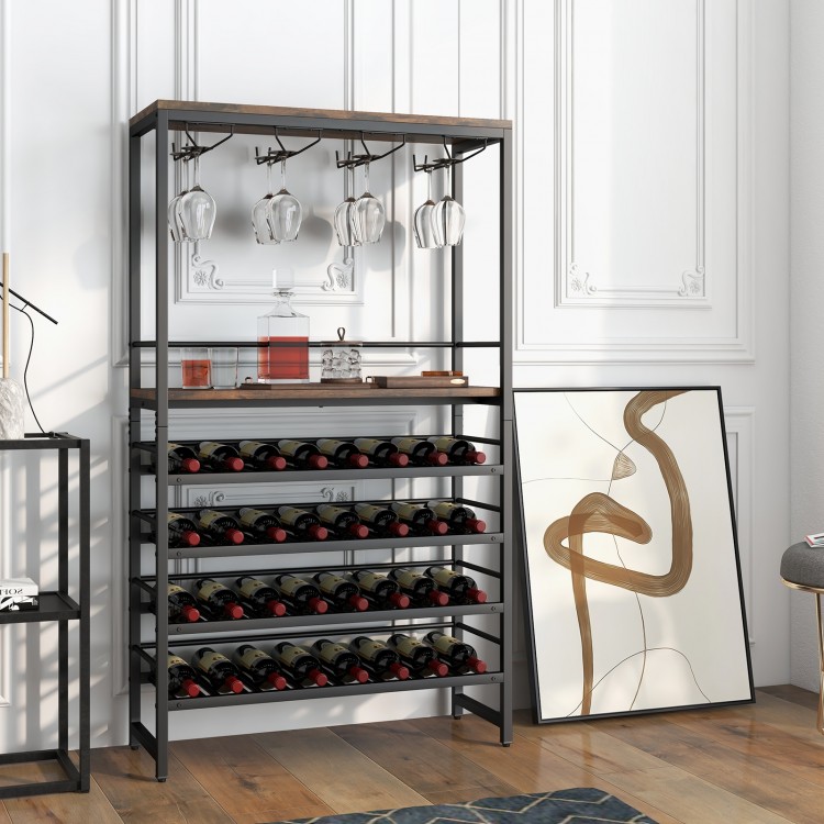 Freestanding wine bakers rack featuring a wide top shelf and open storage, perfect for kitchen or dining room display.