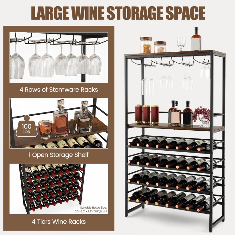 Freestanding wine bakers rack with 4-tier wine storage and 4 rows of stemware racks, ideal for home bar or kitchen.