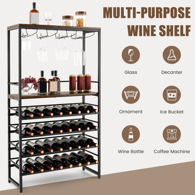 Freestanding wine bakers rack with 4-tier storage, stemware racks, and robust metal frame for home bar or kitchen use.