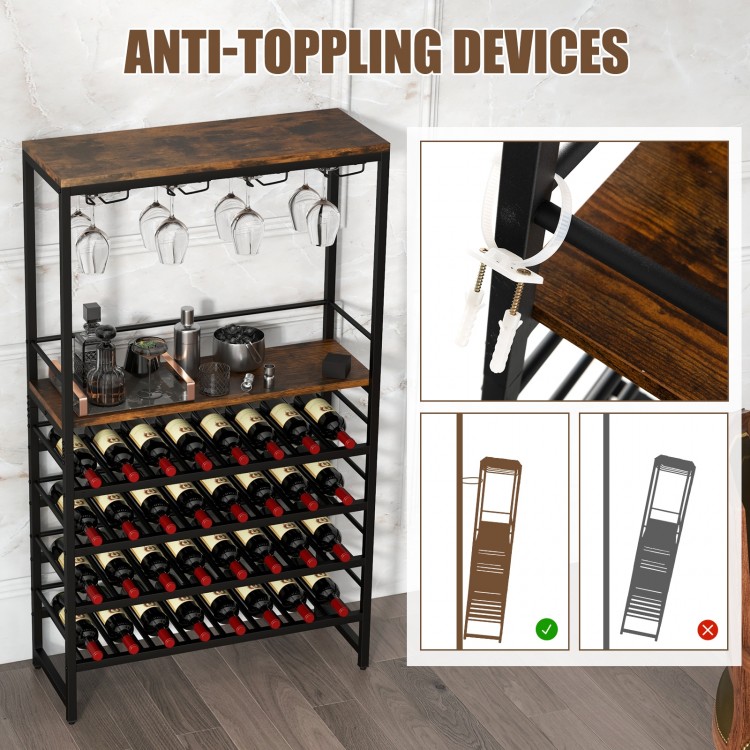 Freestanding wine rack with 4-tier storage, stemware racks, and anti-toppling devices for kitchen or home bar use.