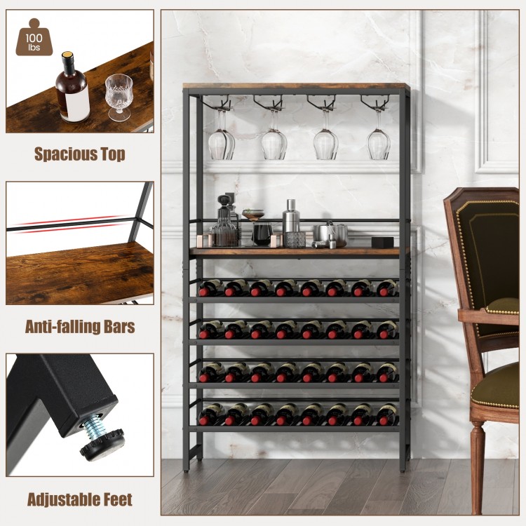 Freestanding wine bakers rack with 4-tier storage, anti-falling bars, and adjustable feet for home bar or kitchen use.