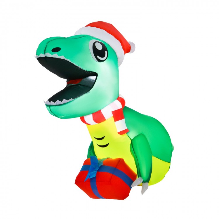 Inflatable Christmas dinosaur decoration with LED lights, wearing a Santa hat and scarf, ideal for indoor or outdoor.