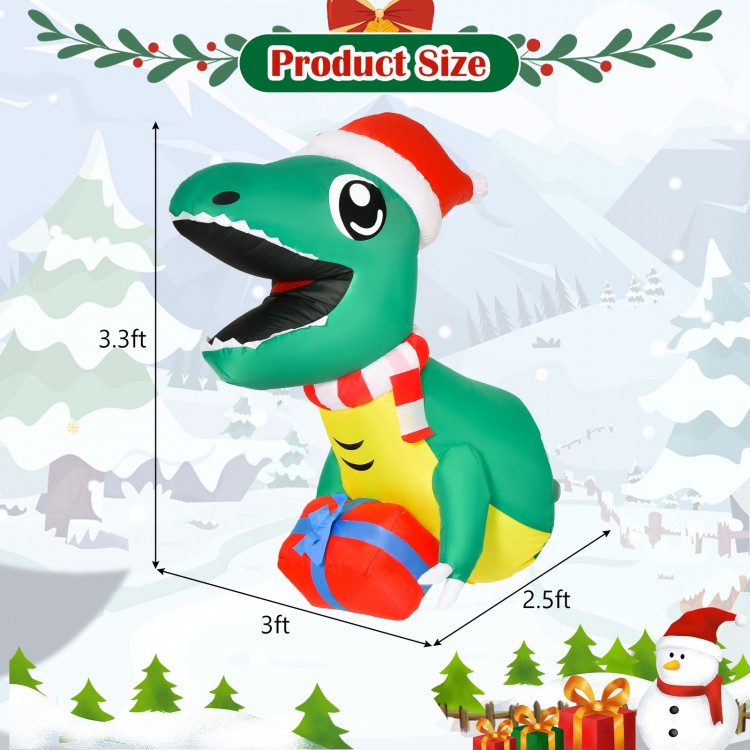 Inflatable Christmas dinosaur decoration with LED lights, 3.3ft tall, perfect for indoor or outdoor holiday displays.