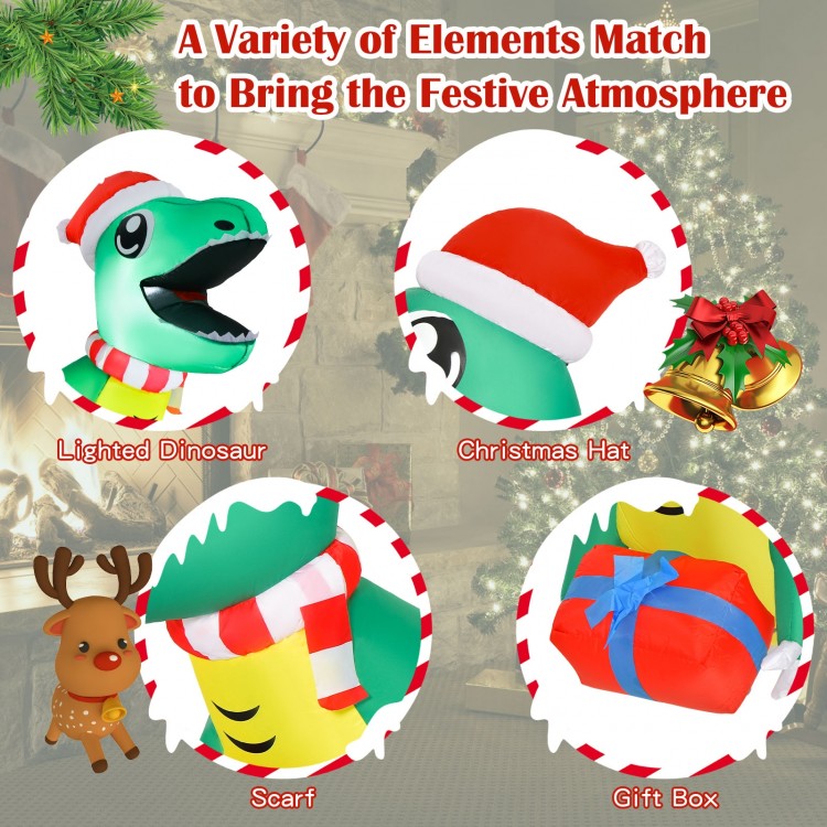 Inflatable Christmas dinosaur with LED lights, wearing a hat and scarf, perfect for festive indoor or outdoor.
