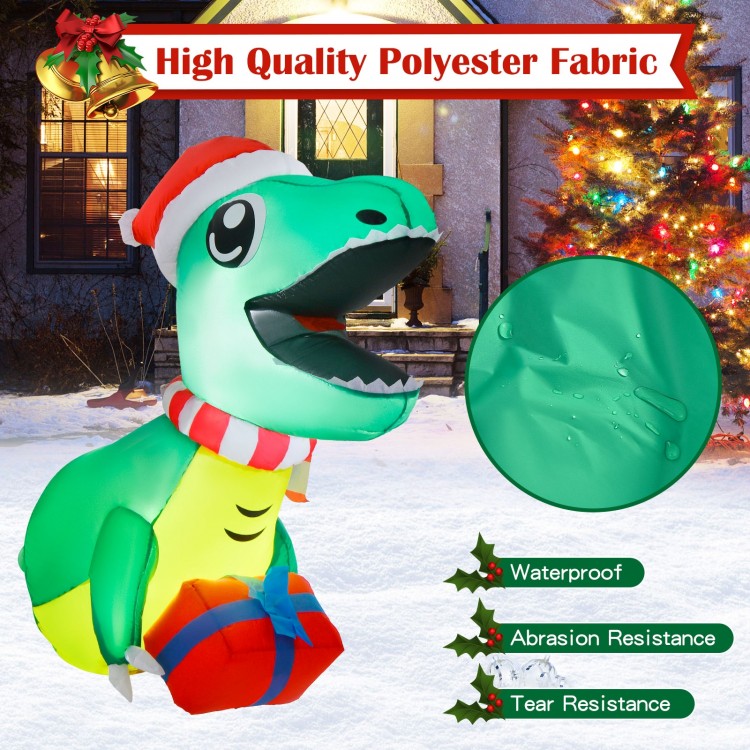 Inflatable Christmas dinosaur decoration with LED lights, made of durable polyester, ideal for indoor or outdoor use.
