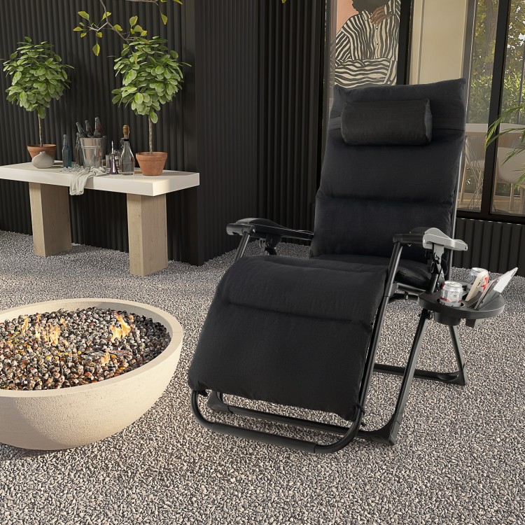 Adjustable black metal zero gravity lounge chair with removable cushion and cup holder tray, perfect for outdoor.