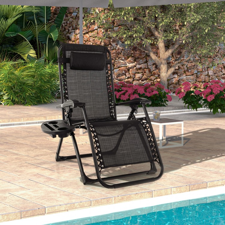 Side view of the adjustable black metal zero gravity lounge chair with removable cushion and cup holder tray for.