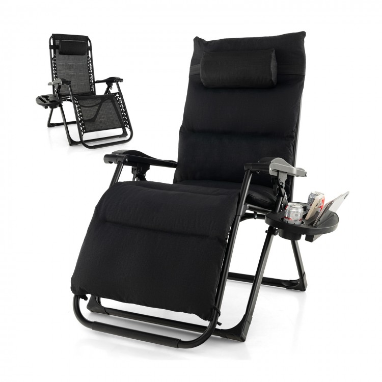 Adjustable black zero gravity lounge chair with removable cushion, cup holder tray, and heavy-duty metal frame for.