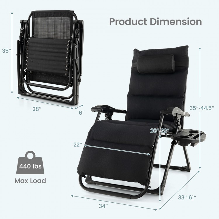 Adjustable black zero gravity lounge chair with removable cushion, cup holder tray, and dimensions for easy storage.