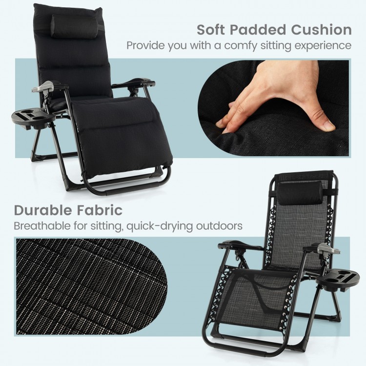 Adjustable metal zero gravity lounge chair in black with removable cushion and cup holder tray for outdoor comfort.