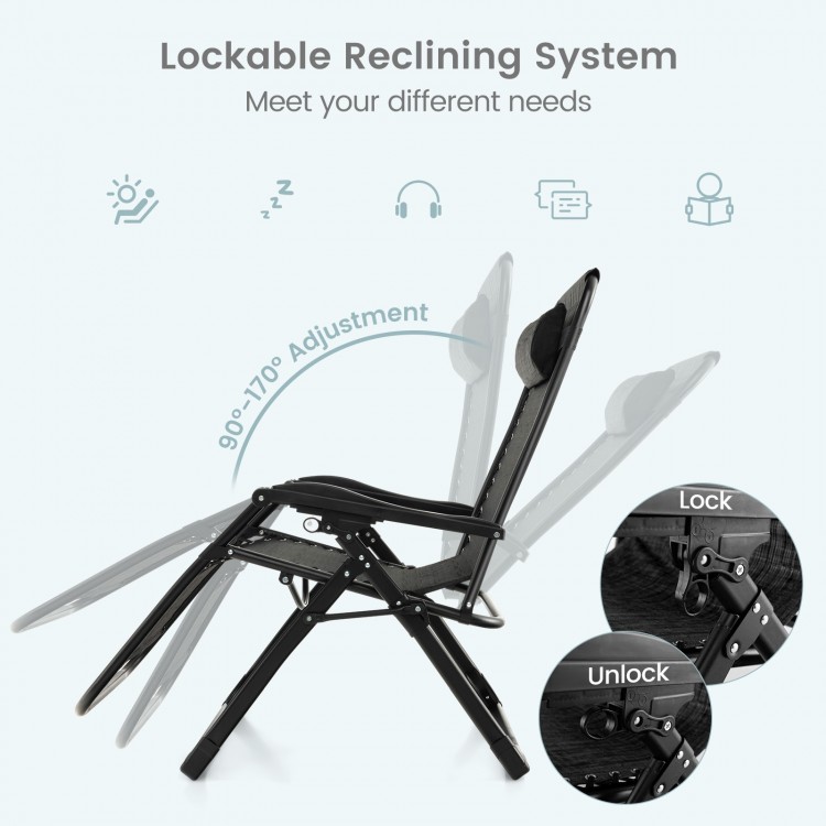 Adjustable metal zero gravity lounge chair in black with a lockable reclining system and removable cushion for comfort.