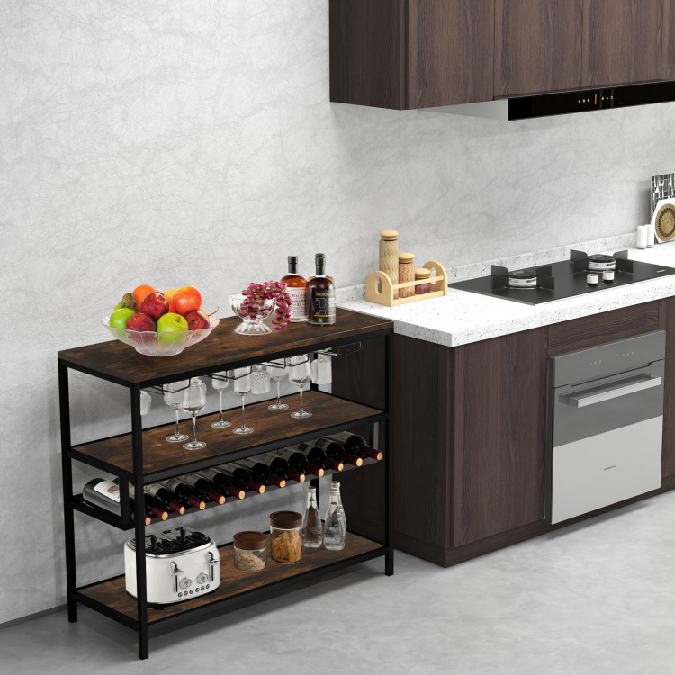Wine rack table featuring 4 rows for 20 glasses, 14-bottle capacity, and 3 open shelves for versatile storage.