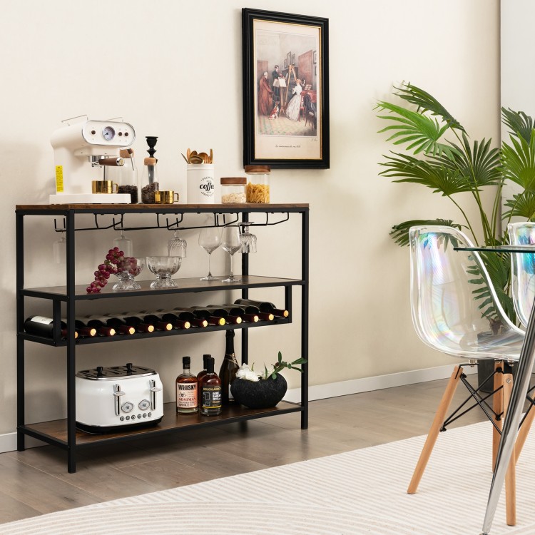Wine rack table with 4 rows for 20 glasses and 3 open shelves, perfect for kitchen or dining room storage.