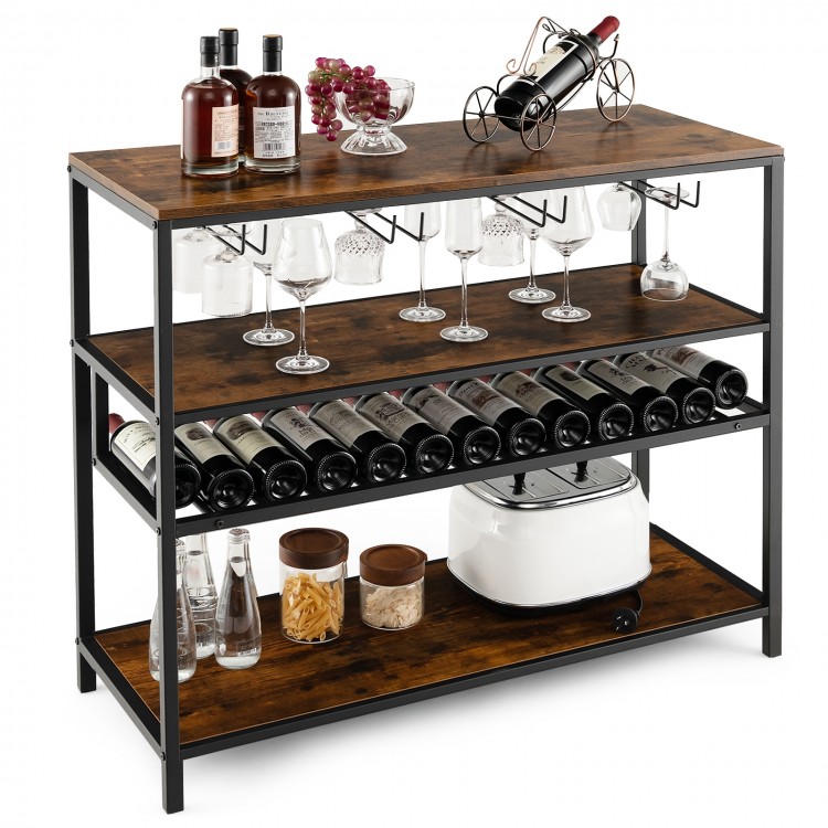 Wine rack table with 4 rows for 20 glasses and 14 wine bottles, featuring durable metal construction for kitchen or.
