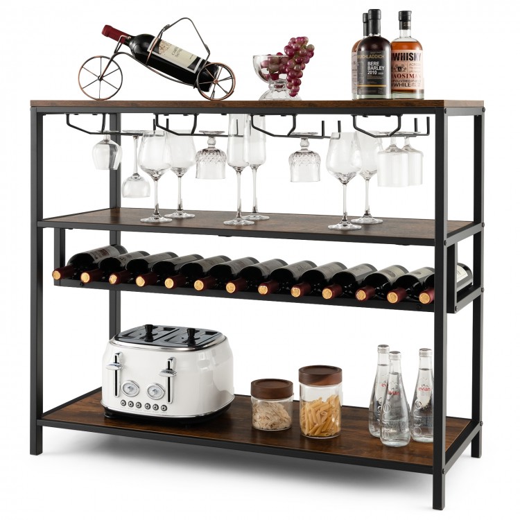 Wine rack table showcasing 3 open shelves and a durable metal frame, ideal for organizing drinks in any setting.