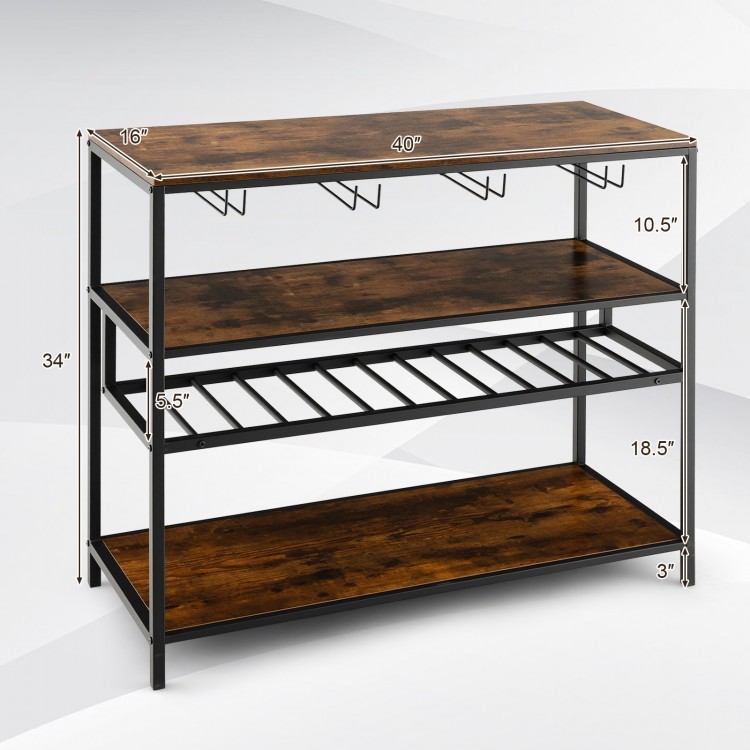 Wine rack table with 4 rows for 20 glasses, 3 open shelves, and a sturdy metal frame for kitchen or dining room use.