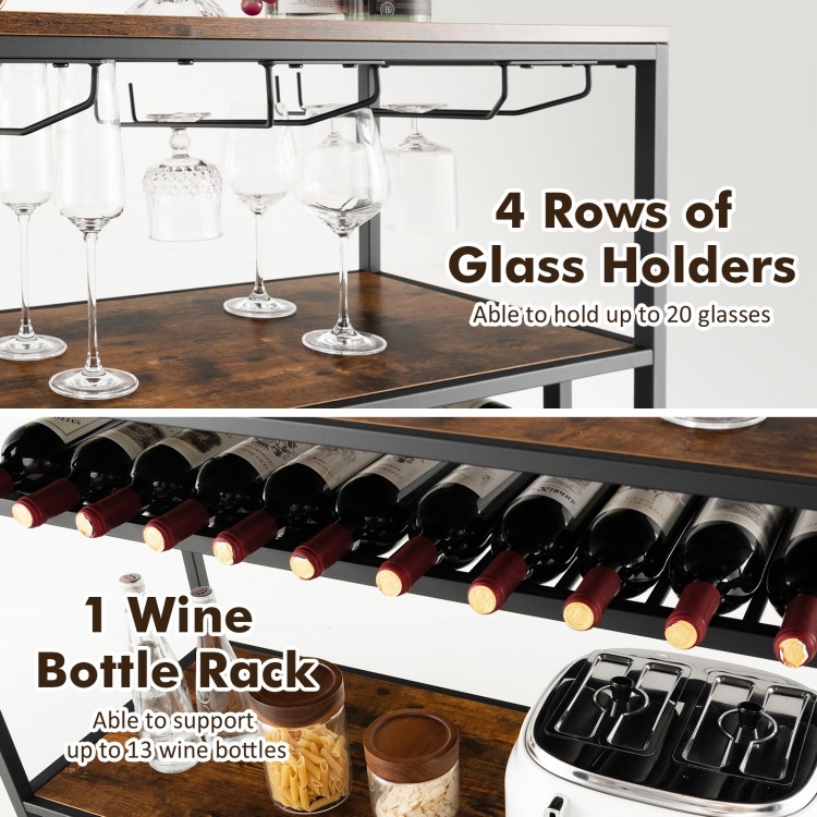 Wine rack table featuring 4 rows of glass holders for 20 glasses and a rack for 14 wine bottles, ideal for dining areas.
