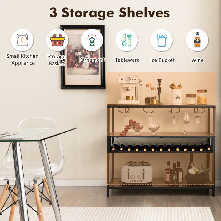 Wine rack table with 4 rows for 20 glasses, 14 bottle capacity, and 3 open shelves for versatile storage solutions.
